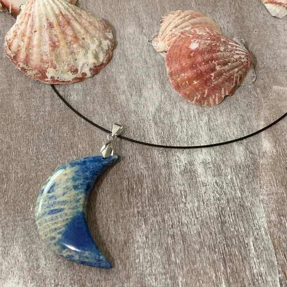 Blue Chrysanthemum Coral Fossil Half-Moon Pendant Necklace – One of a Kind - Picture 2 of 7